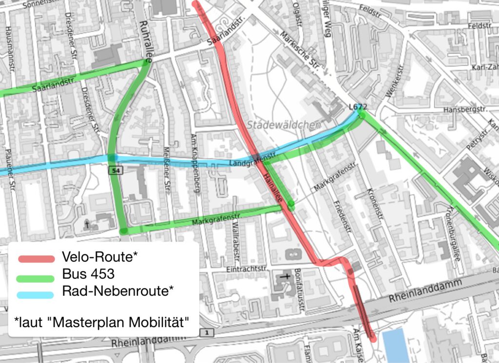 Markierung der geplanten Veloroute (Hainallee), Radnebenroute (Landgrafenstr) und Buslinie (Hainalle / Markgrafenstr)